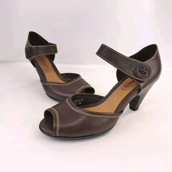 Womens Eurostep Bella Open Toe Mule Heels Size 9M Brown Leather Slip On - Picture 1 of 14